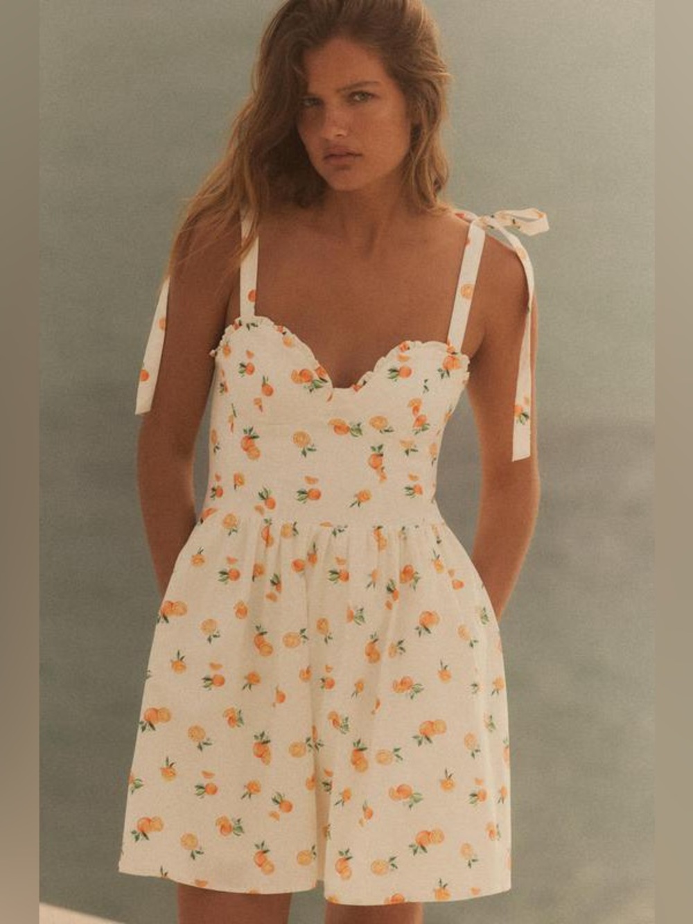 Zara White Sundress with Orange Print and Tie Straps. M NWT